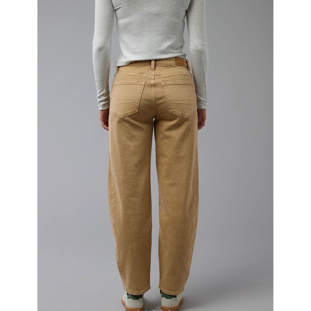 American Eagle Barrel Jeans Women 16 Tan Excellent High Rise Relaxed Khaki Boho - Picture 2 of 9